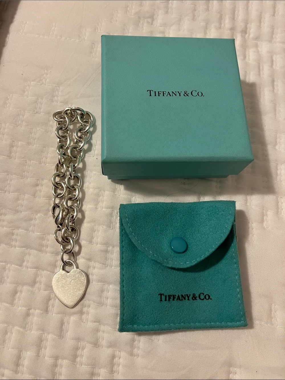Authentic Tiffany & Co. Silver Heart Charm Link Bracelet with Blue Pouch